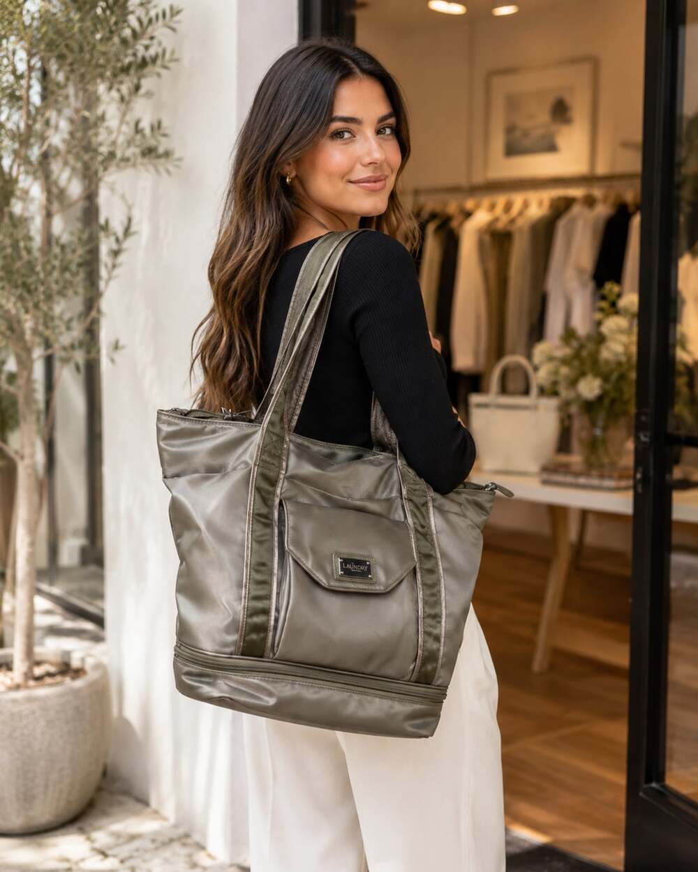 Laundry by Shelli Segal Olive Green Nylon Large Tote Bag with Matching Detachabl